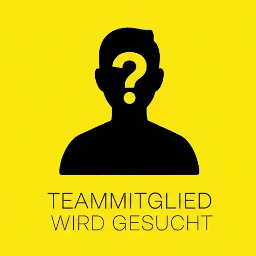 Schattenriss mit Fragezeichen und Text Teammitglied wird gesucht auf gelbem Hintergrund; Stellenangebot-Design.
