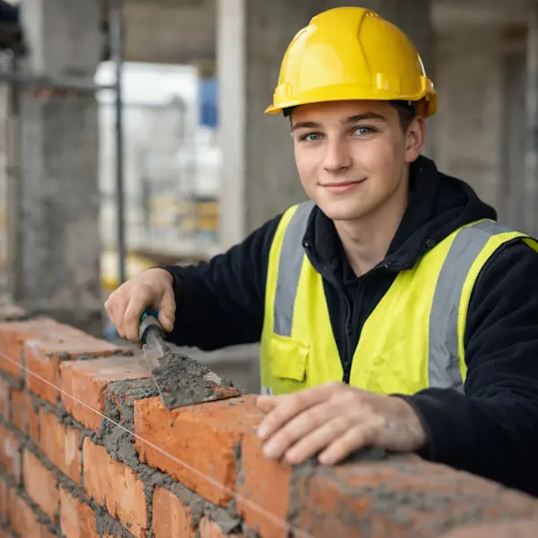 Junger Bauarbeiter in gelbem Helm und Sicherheitsweste, mauert lächelnd Ziegelsteine, symbolisiert Bauhandwerk und Baustelle.