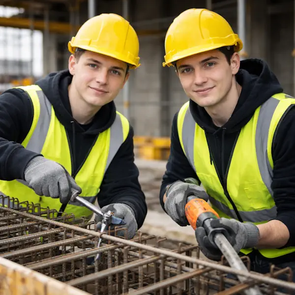 Zwei Bauarbeiter mit Schutzhelmen und Warnwesten arbeiten an einem Stahlgerüst auf einer Baustelle.