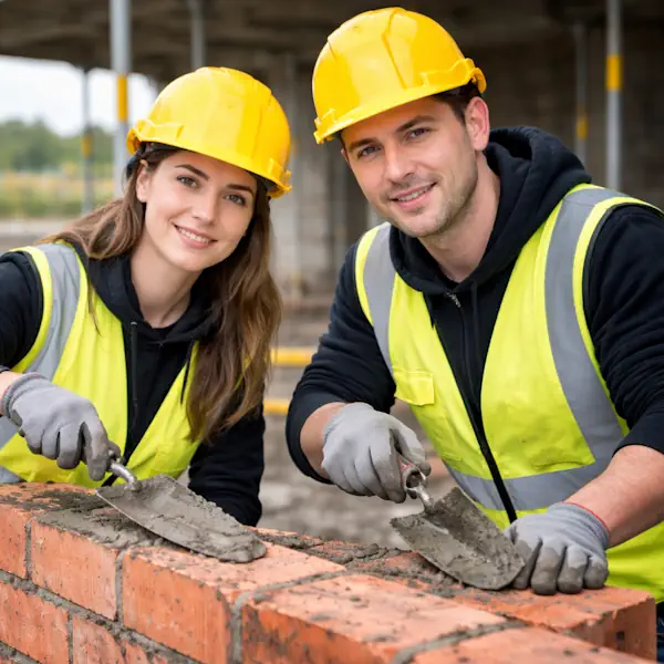 Zwei Bauarbeiter in gelben Helmen und Westen mauern auf einer Baustelle. Sie lächeln und arbeiten mit Kellen an einer Ziegelwand.