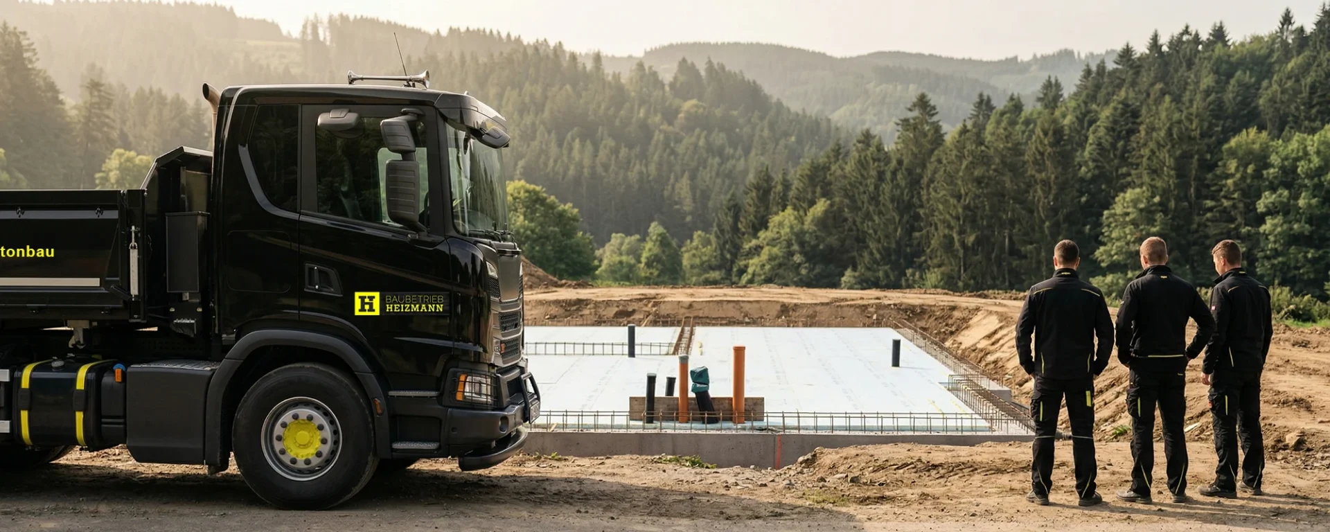 Drei Bauarbeiter inspizieren Baustelle neben einem schwarzen LKW in Waldlandschaft. Baubetrieb Heizmann auf Fahrzeug sichtbar.