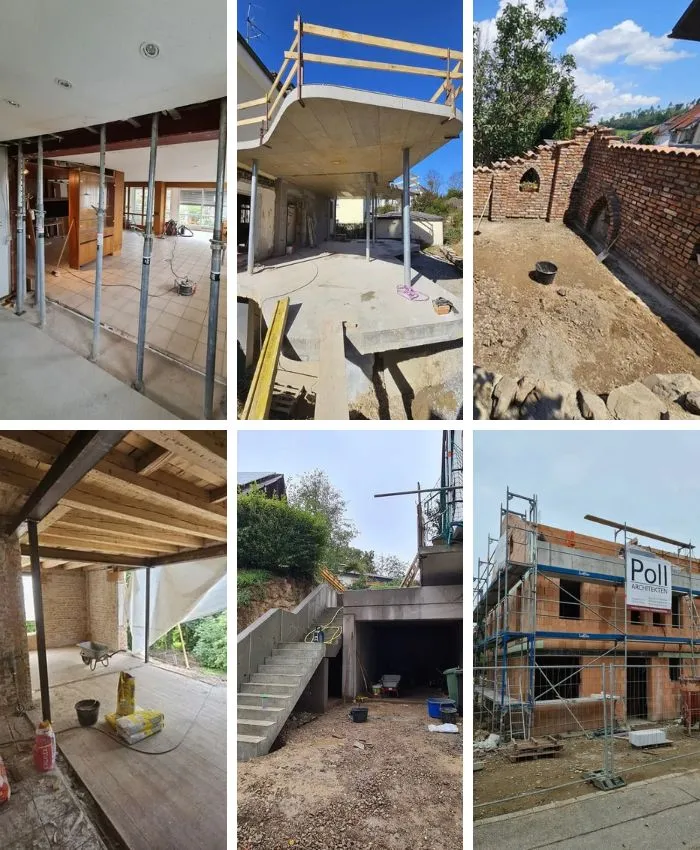 Mehrere Bauprojekte in unterschiedlichen Bauphasen: Renovierung, Ausbau und Neubau. Beton, Ziegel und Baugerüste sichtbar.