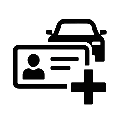 Symbol für Autoversicherung: Personalausweis und Auto, vereinfacht dargestellt. Ideal für Versicherungs-Websites und Service-Anbieter.