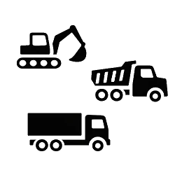 Symbole für Bagger, Kipp-LKW und Lastwagen, ideal für Bauindustrie und Transportinhalte.