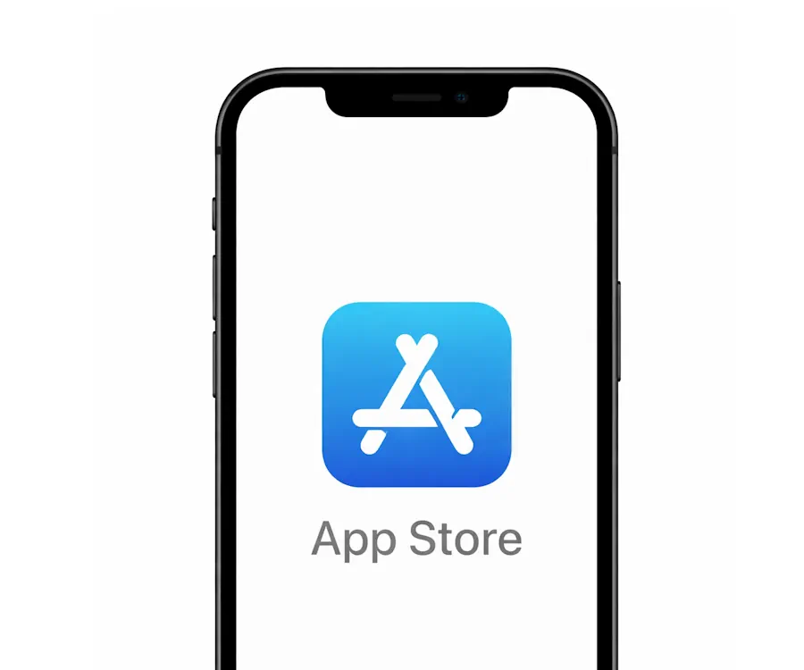 Smartphone-Display zeigt App Store-Logo mit blauem Symbol, weißem Hintergrund. Optimiert für Anwendungsdownloads und mobiles Einkaufen auf digitalen Geräten.