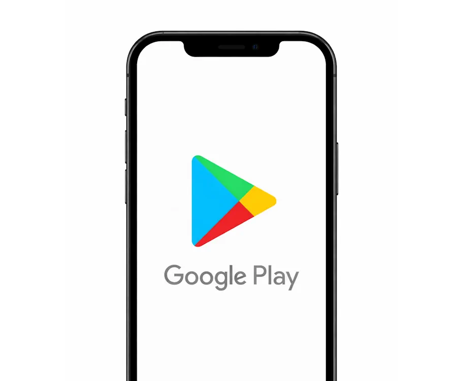 Smartphone mit Google Play Logo, bunter Dreiecks-Icon, weißer Hintergrund. Ideal für Apps und digitale Inhalte aus dem Play Store.