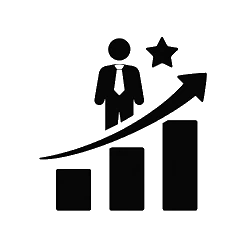 Männchen, Balkendiagramm und Pfeil symbolisieren Wachstum und Erfolg; ideal für Business-Strategien und Performance-Visualisierungen.