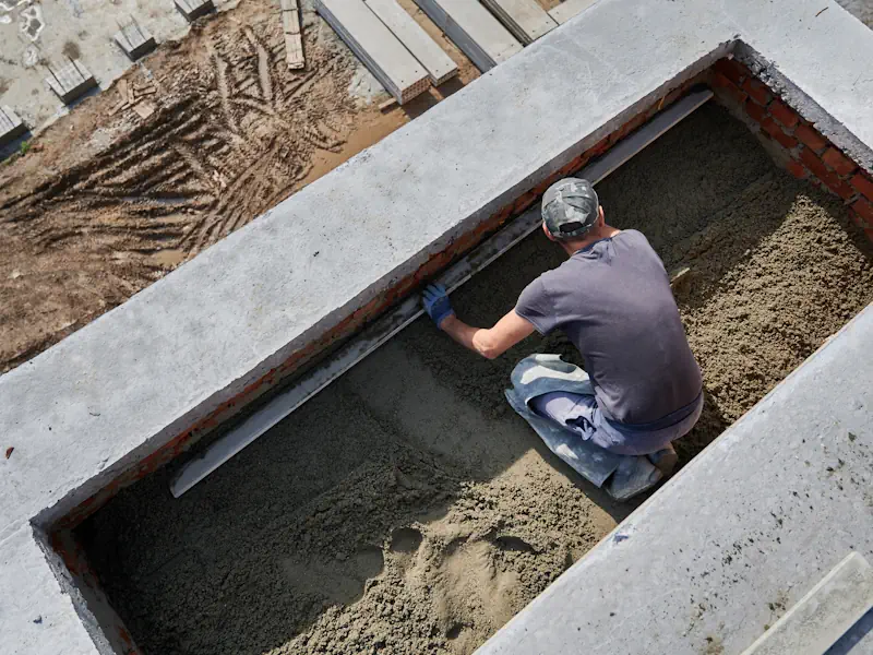 Bauarbeiter ebnet Sand in Betonschacht, Baufortschritt sichtbar. Perfektes Beispiel für Bau-SEO-Optimierung.