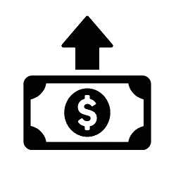 Schwarz-weißes Symbol: Geldschein mit Dollarzeichen, darüber ein aufwärtsgerichteter Pfeil. Darstellung von Gewinn oder Auszahlung.