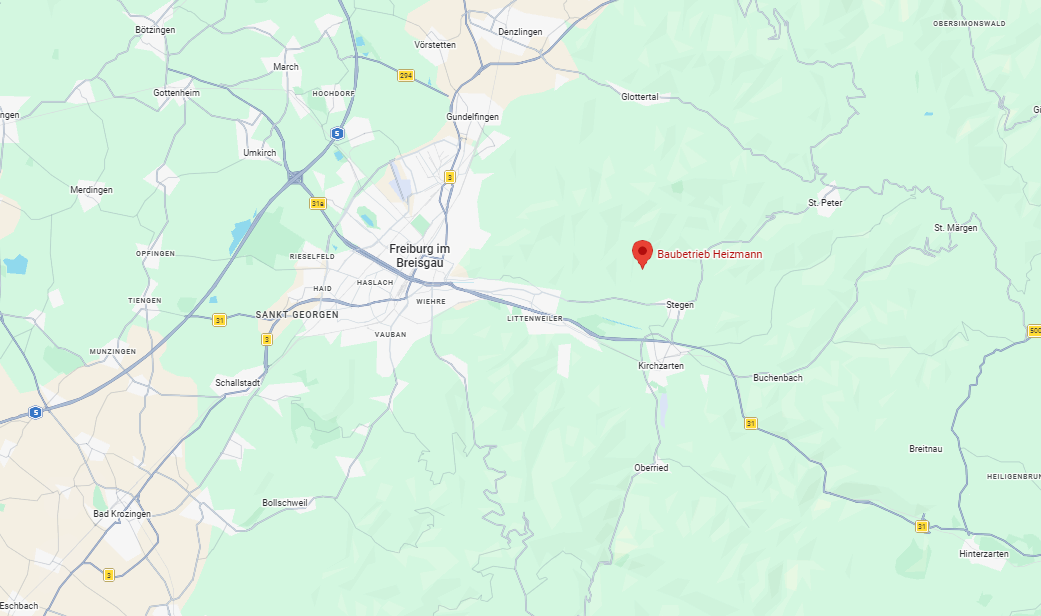 Karte von Freiburg im Breisgau, zeigt Baubetrieb Heizmann nahe Stegen, umgeben vom Schwarzwald. Ideal für lokale SEO-Optimierung.