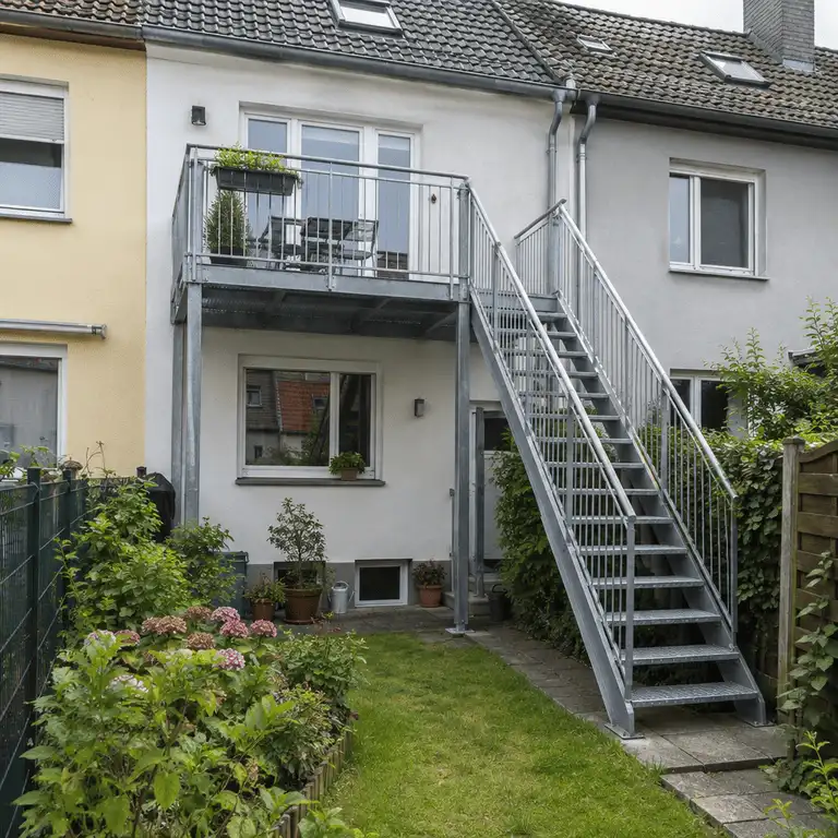Anbaubalkon mit Stahltreppe in den Garten