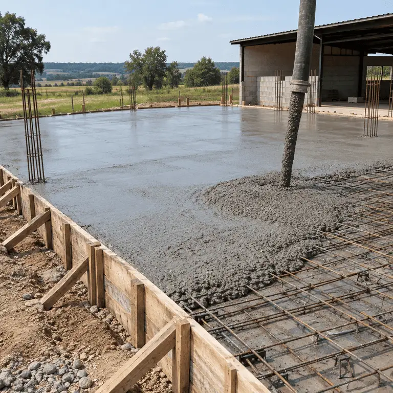 Frisch gegossenes Betonfundament für einen Hallenbau