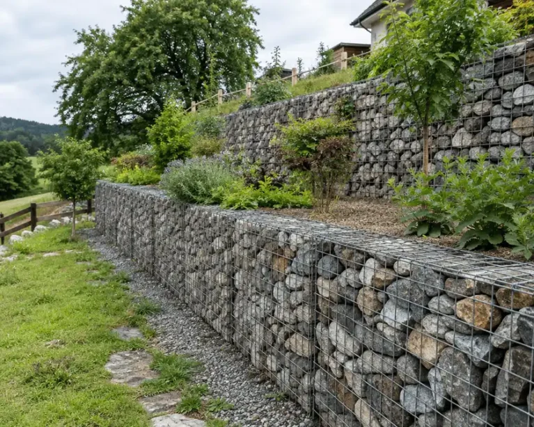 Gabionen Zäune zweifach in Hanglage als Hangsicherung