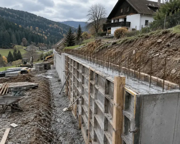 Betonierte Stützmauer am Hang