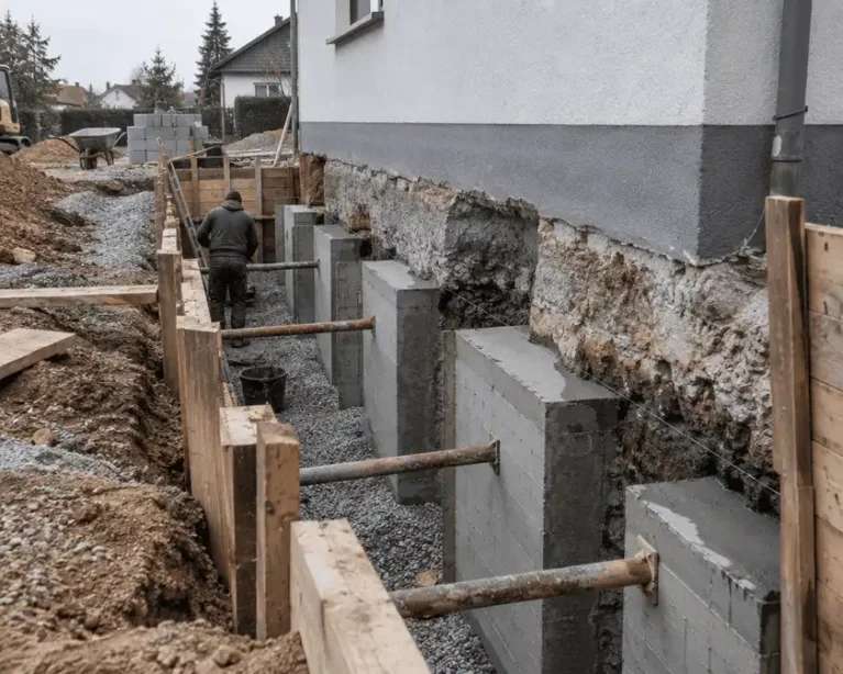 Klassische Unterfangung mit Betonbau am Bestandsgebäude